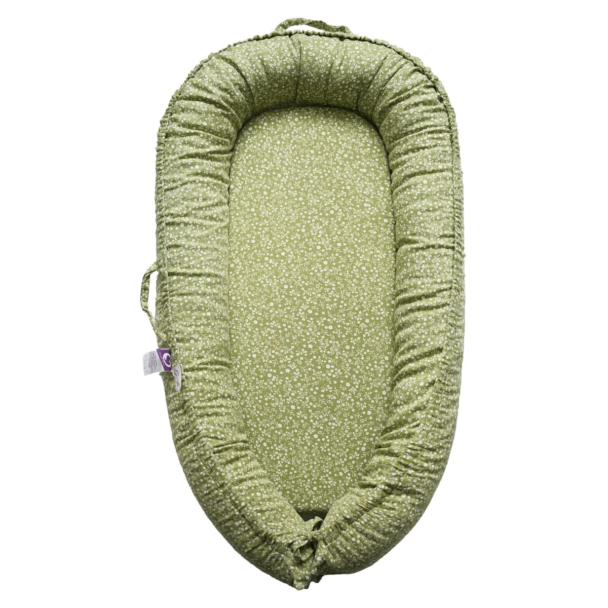 CooCooBaby infant lounger in Green Wonder cover offers cradle-like support during play.