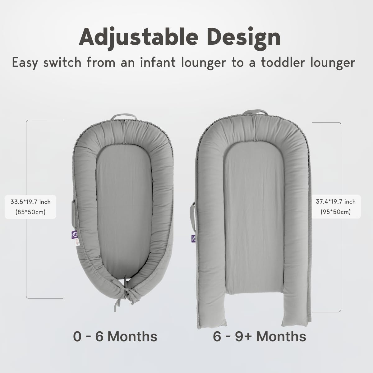 CooCooBaby Infant Lounger adjustable ends show extended fit as baby grows