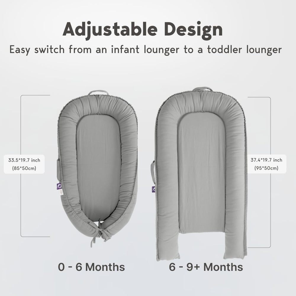 CooCooBaby Infant Lounger adjustable ends show extended fit as baby grows