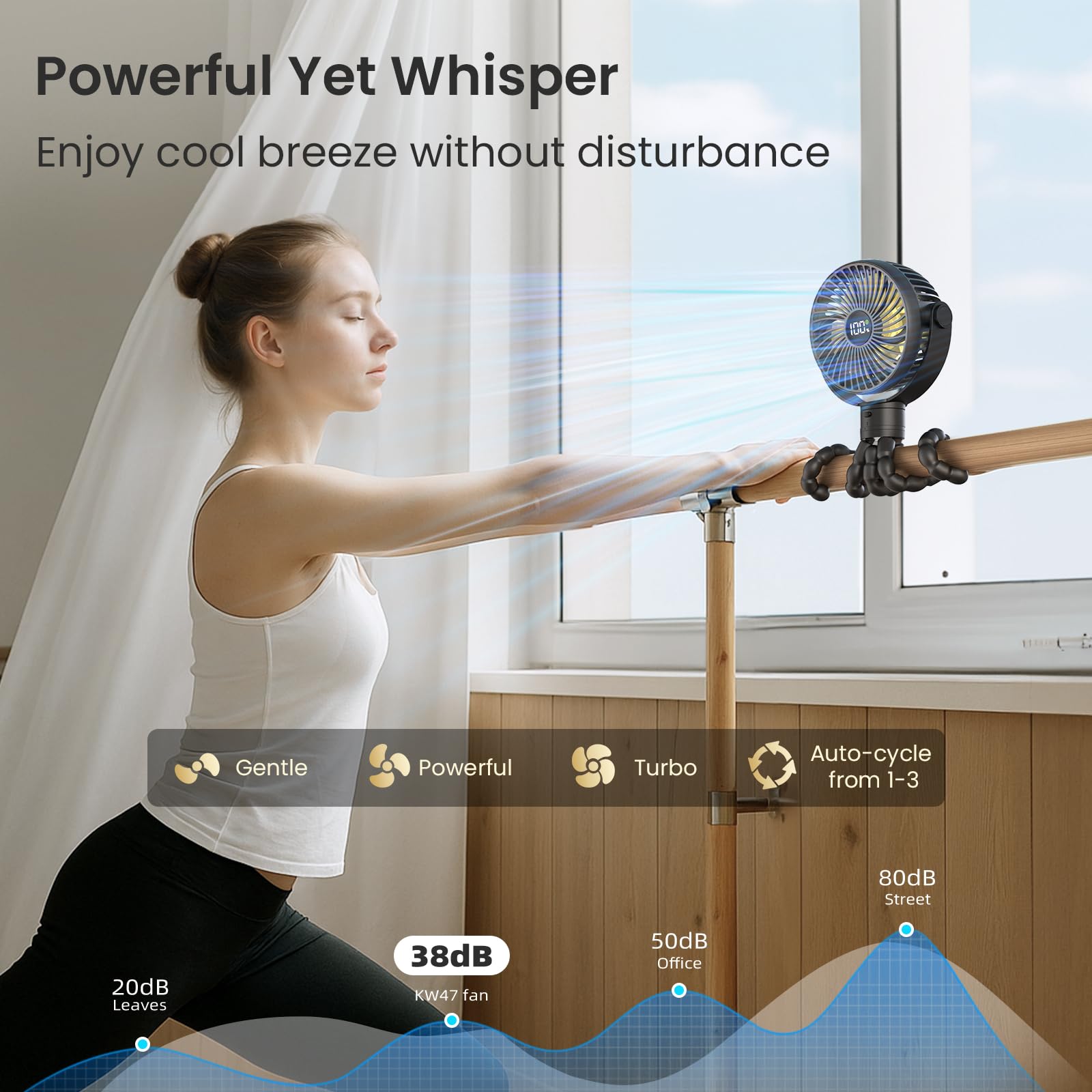 Coohea stroller fan 360-degree rotation directs breeze precisely.