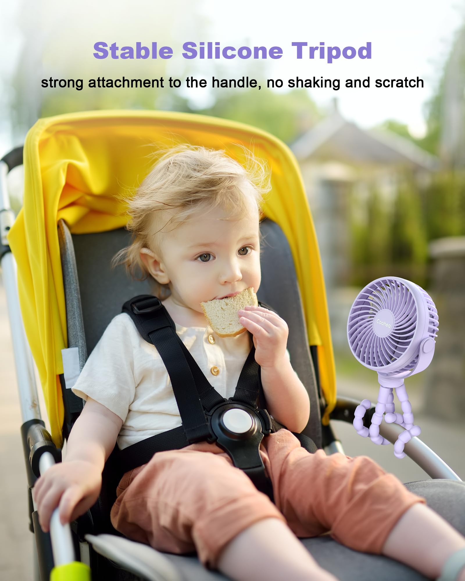 Coohea purple fan used as handheld or desk fan for travel.