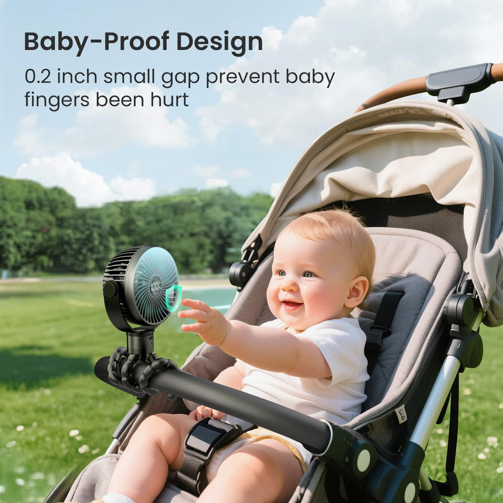 Coohea stroller fan LED battery display shows real-time power and settings.