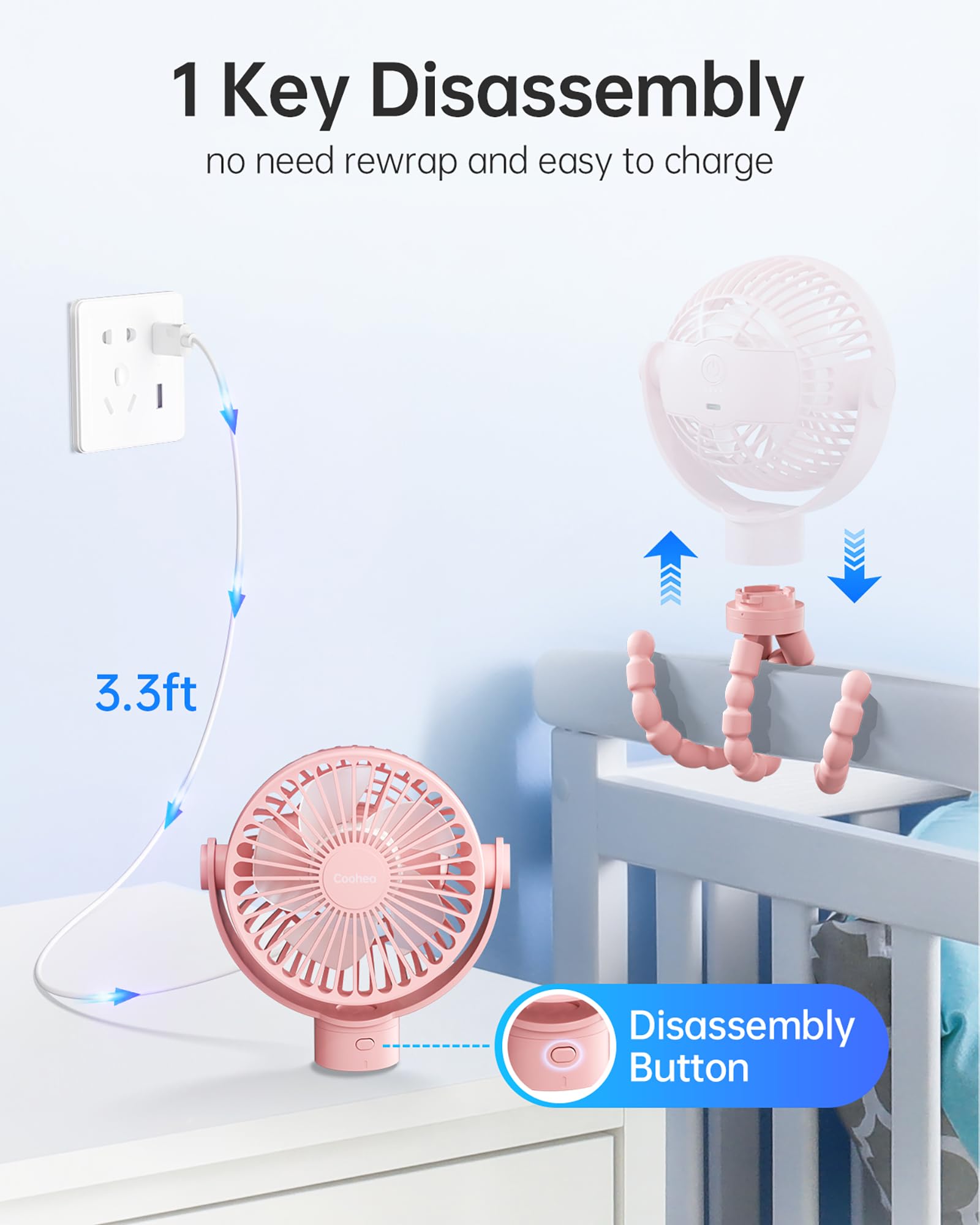 Flexible silicone tripod on Coohea Stroller Fan keeps it secure on strollers