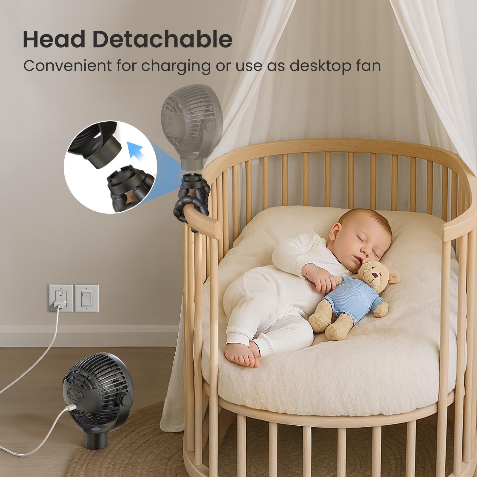 Coohea stroller fan tripod clip mount enables versatile positioning.