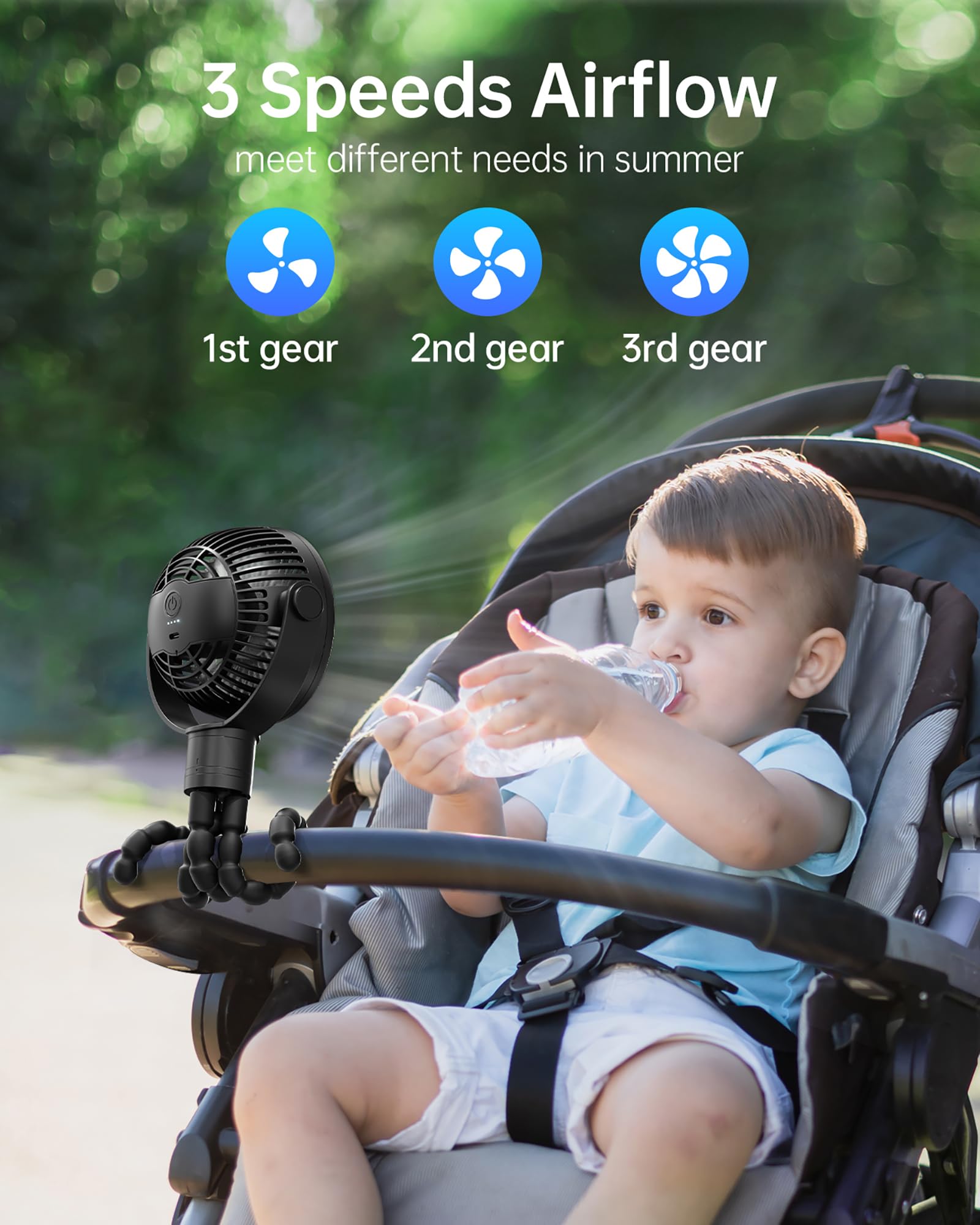 Coohea stroller fan with 3-speed airflow for gentle breeze or strong cooling