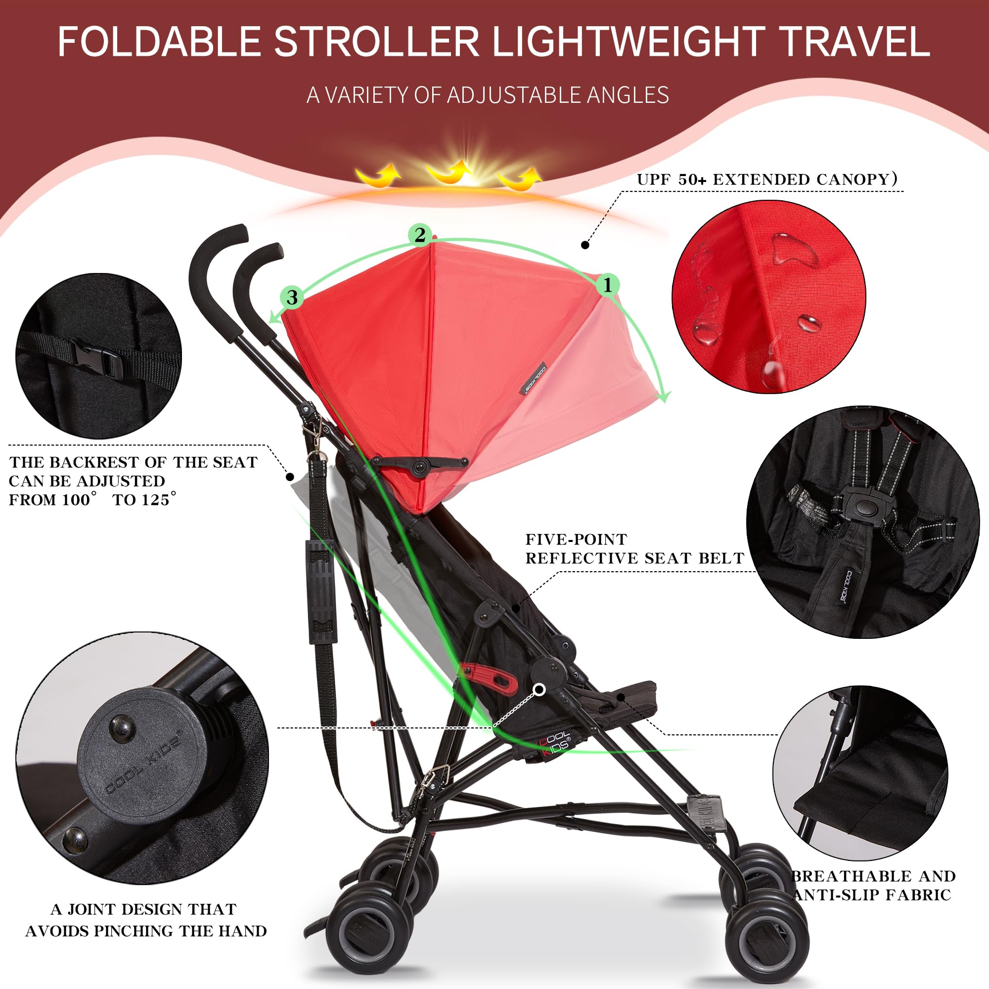 Cool Kids airplane-friendly stroller with sunshade protection for sunny days.