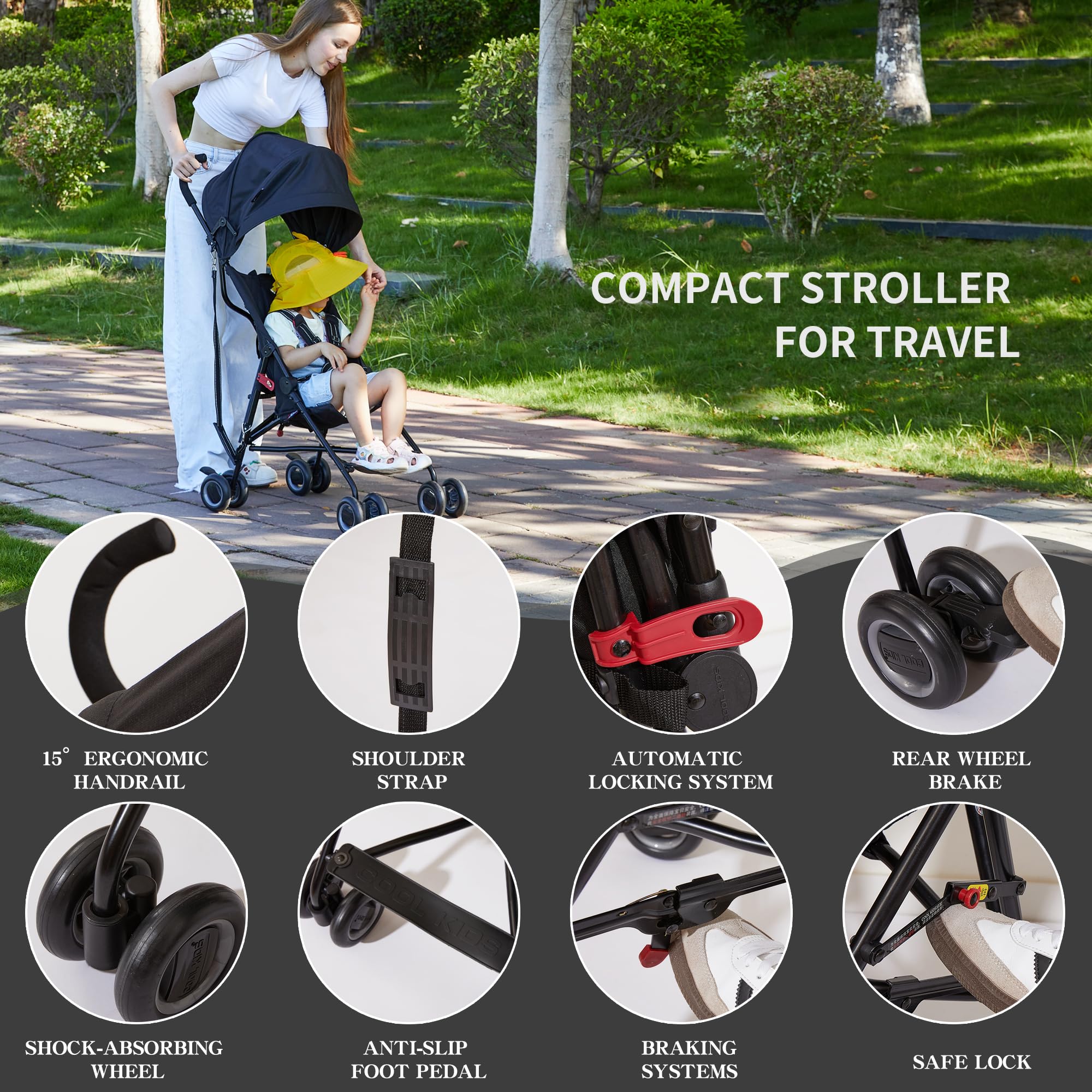 Cool Kids stroller rear-brakes engaged for safe stops