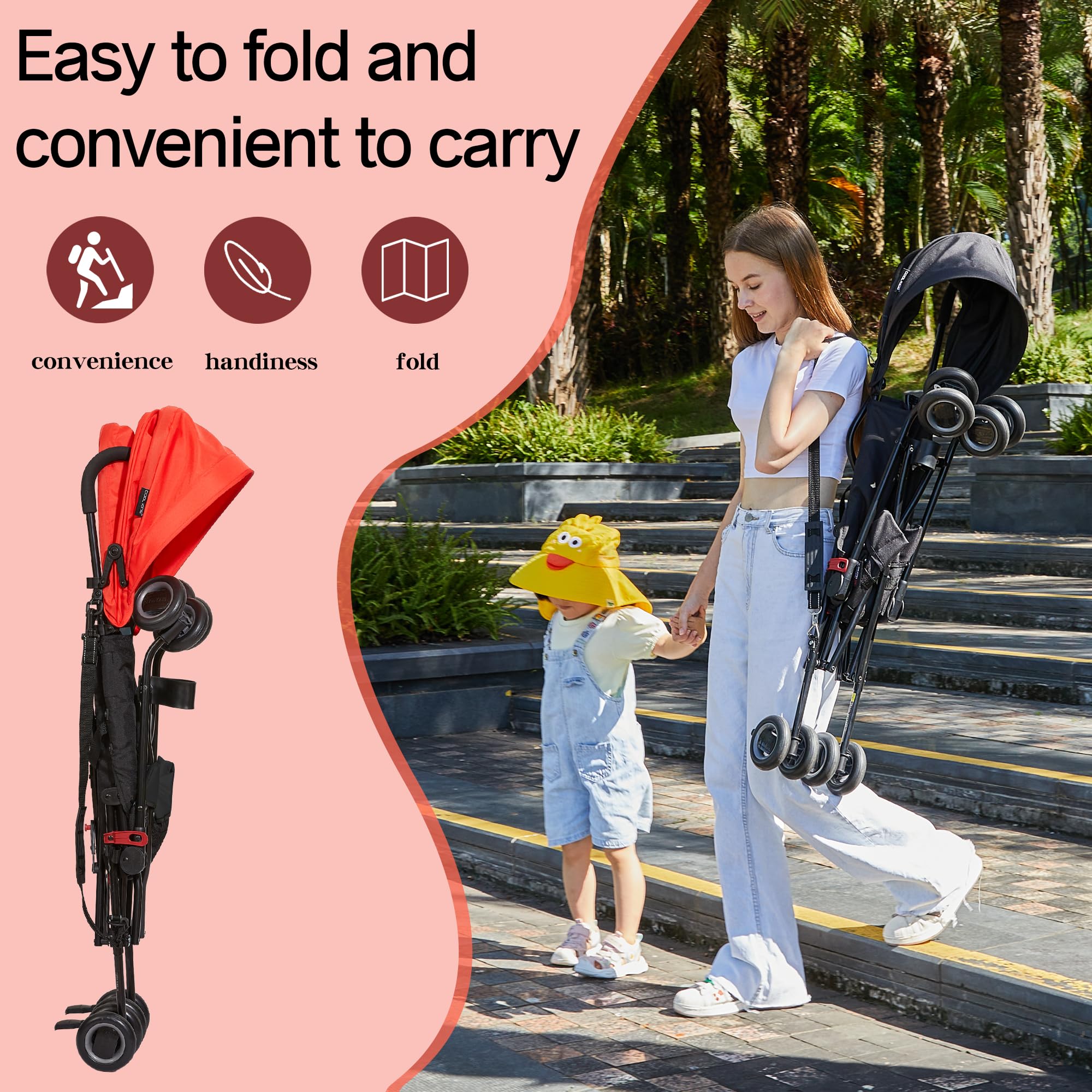 Cool Kids Travel Stroller shows three-step fold for quick setup on the go.