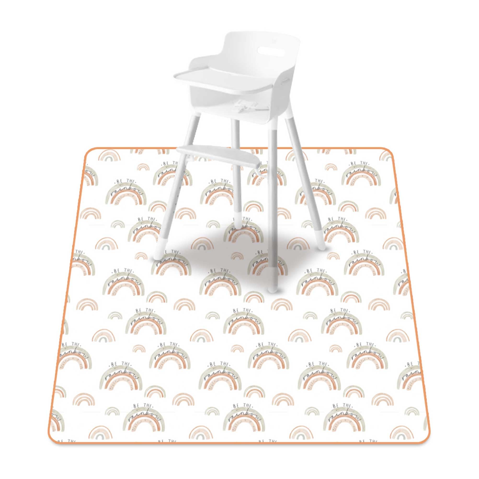 CoolaPeach baby splat mat under high chair in rainbow tones protects floors