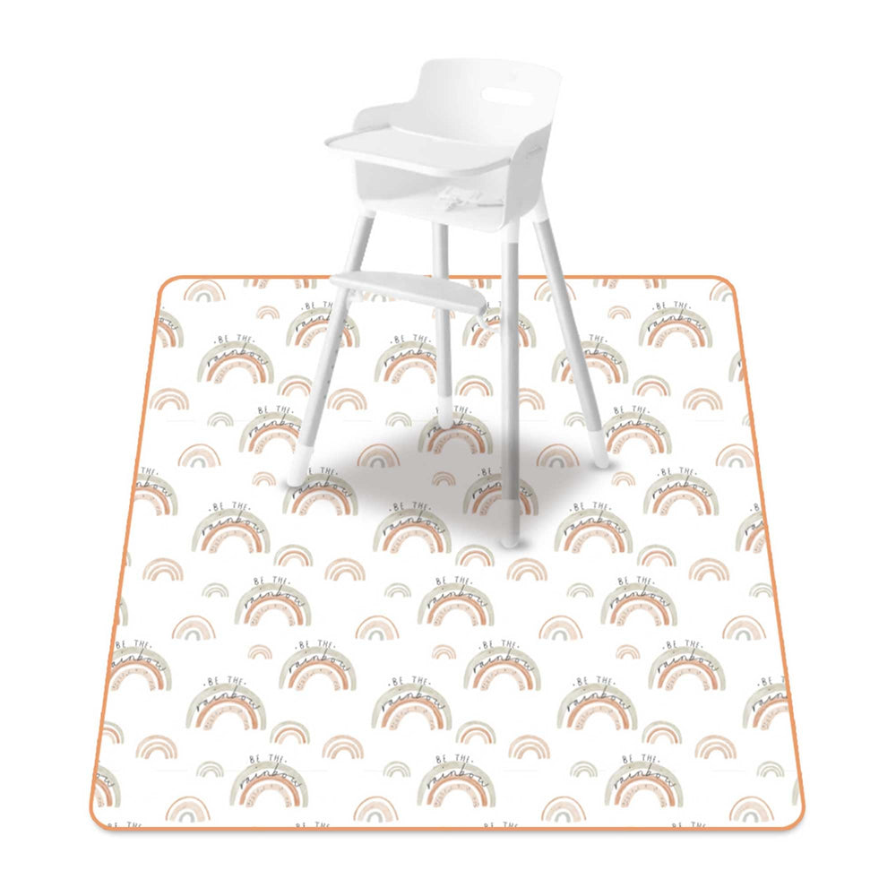 CoolaPeach baby splat mat under high chair in rainbow tones protects floors
