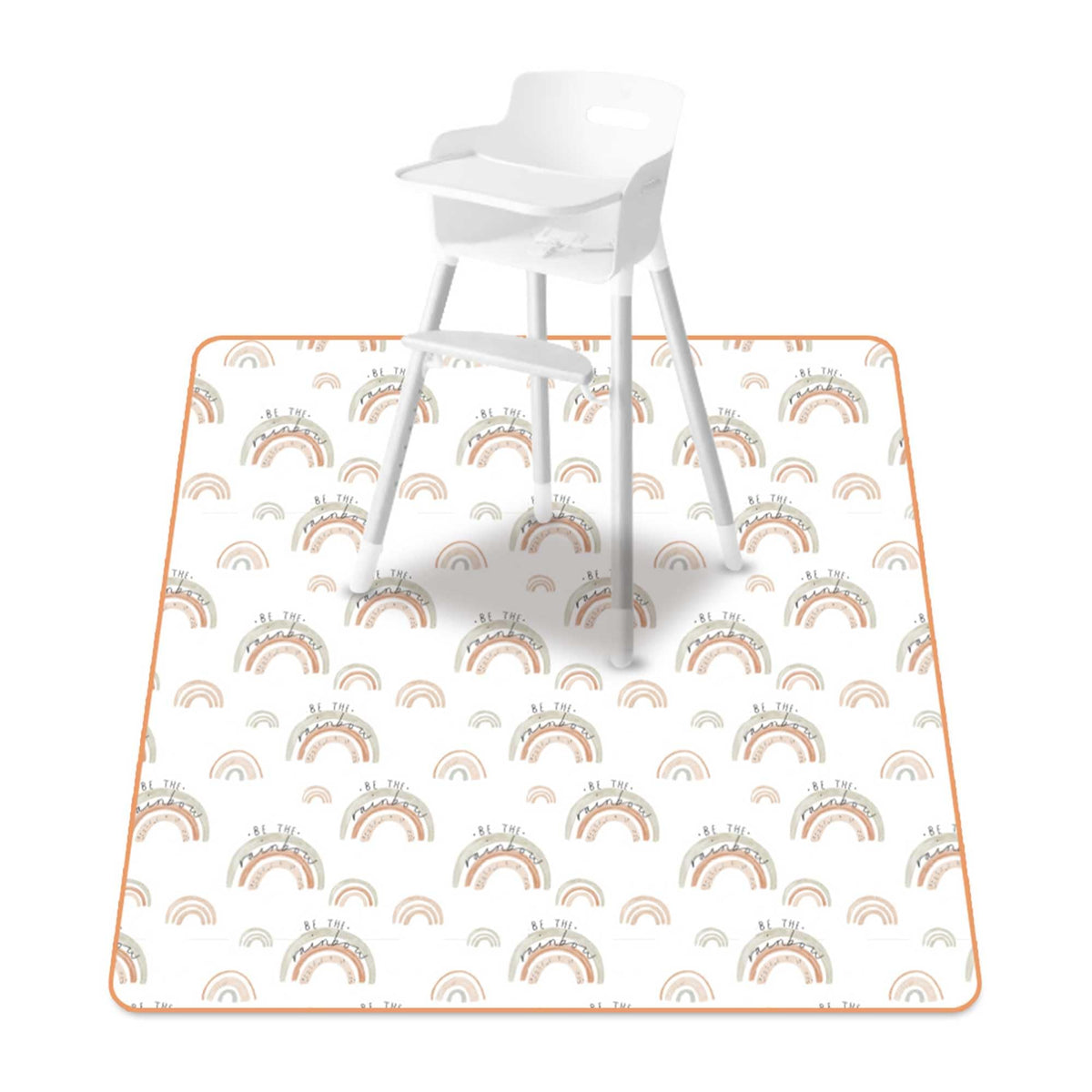 CoolaPeach baby splat mat under high chair in rainbow tones protects floors