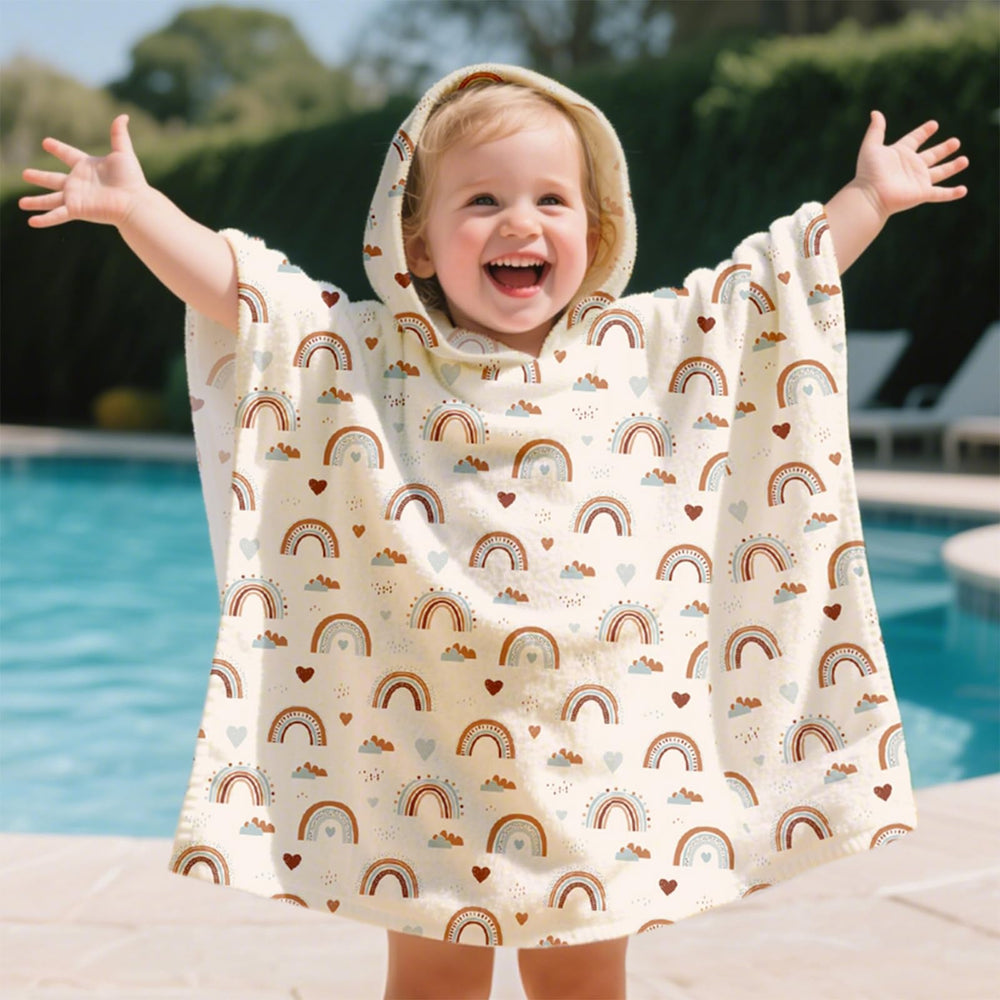 CoolaPeach kids towel at pool scene ready for post-swim.