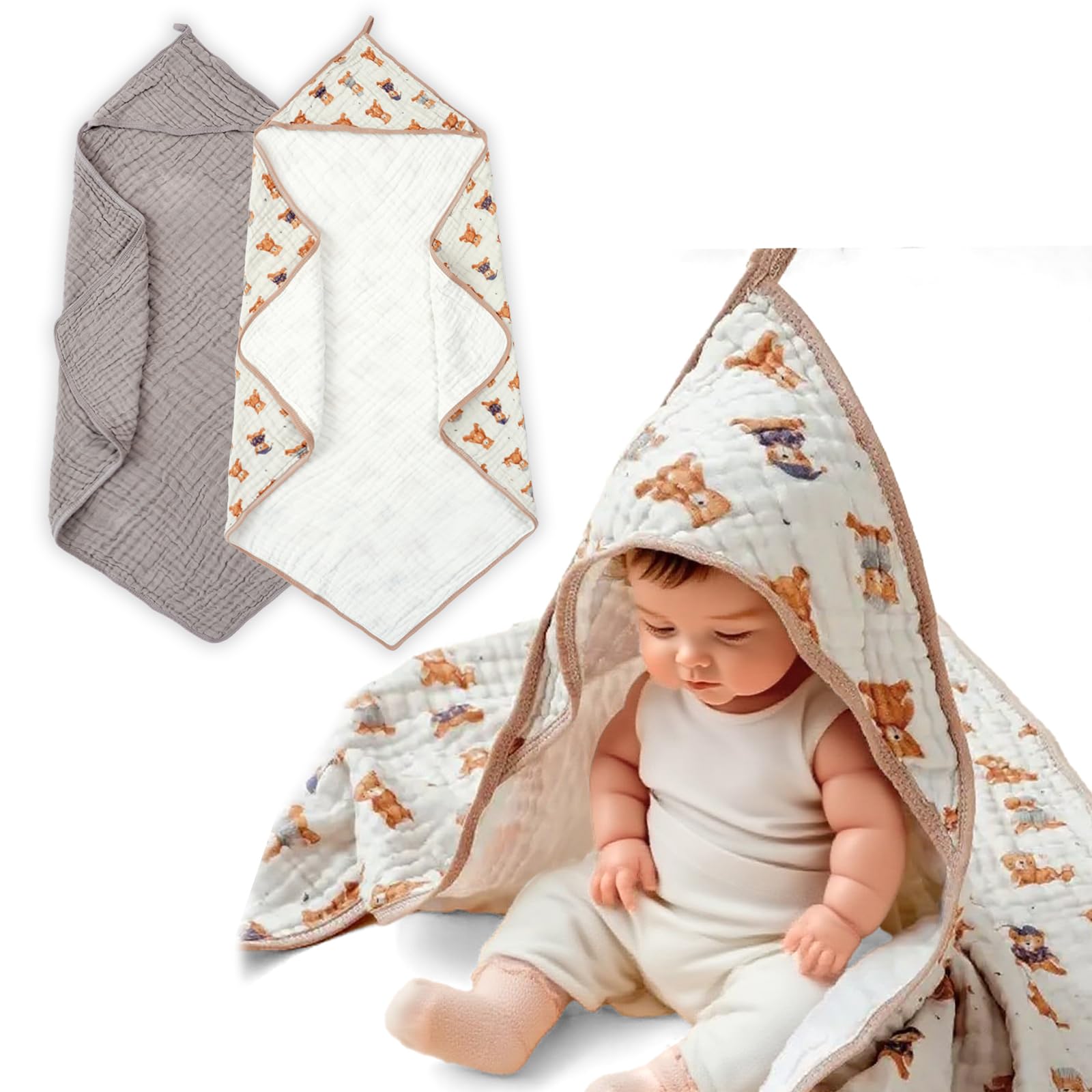 CoolaPeach hooded towel in brown bears keeps baby warm after bath.