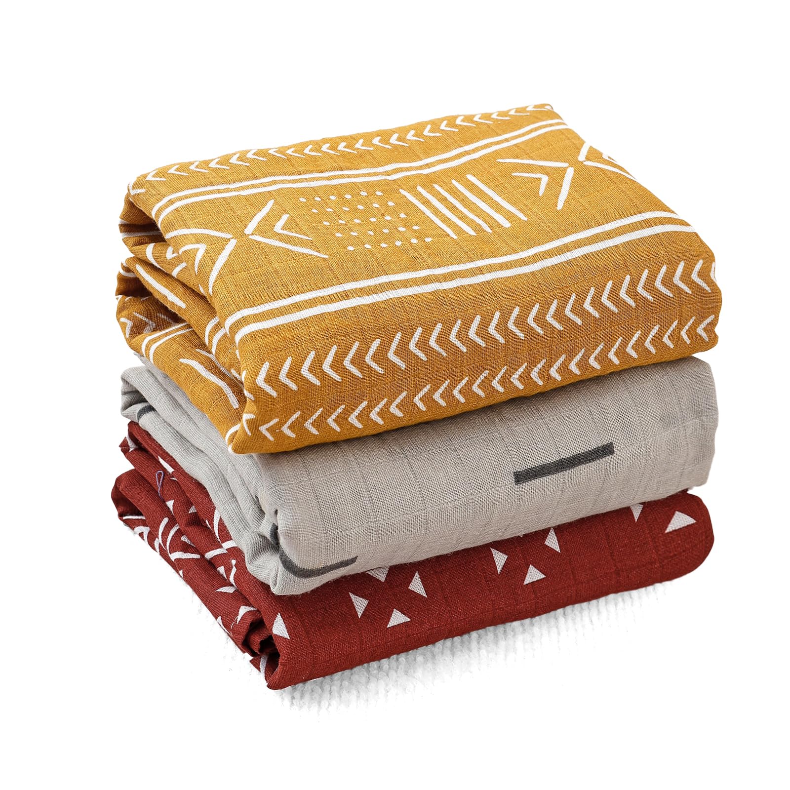CoolaPeach muslin swaddle blankets 3-pack folded, soft fabric gentle on sensitive newborn skin.