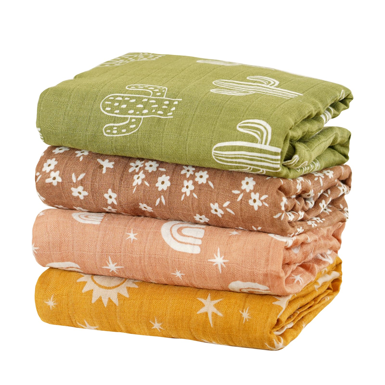 CoolaPeach muslin swaddle blankets 4-set cactus print for breathable newborn comfort.