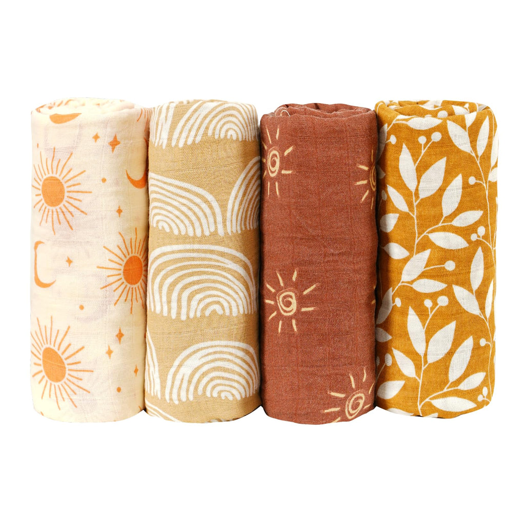 CoolaPeach muslin swaddle blankets yellow floral print folded travel-friendly softness