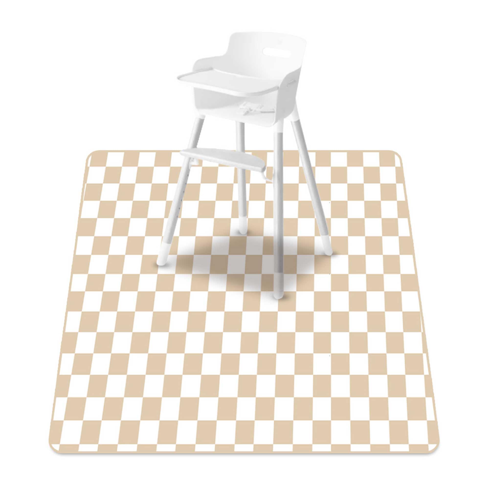 CoolaPeach Splat Mat under high chair catching crumbs and spills for easy cleanup