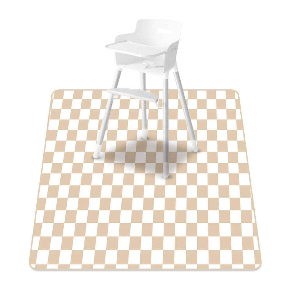 CoolaPeach Splat Mat under high chair catching crumbs and spills for easy cleanup