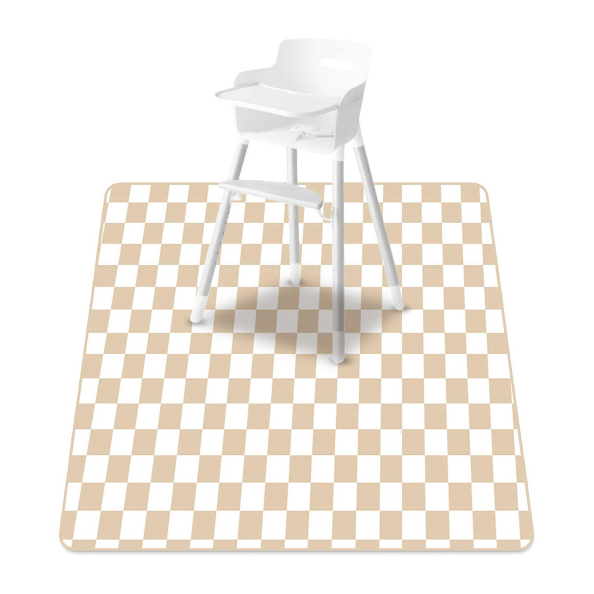 CoolaPeach Splat Mat under high chair catching crumbs and spills for easy cleanup