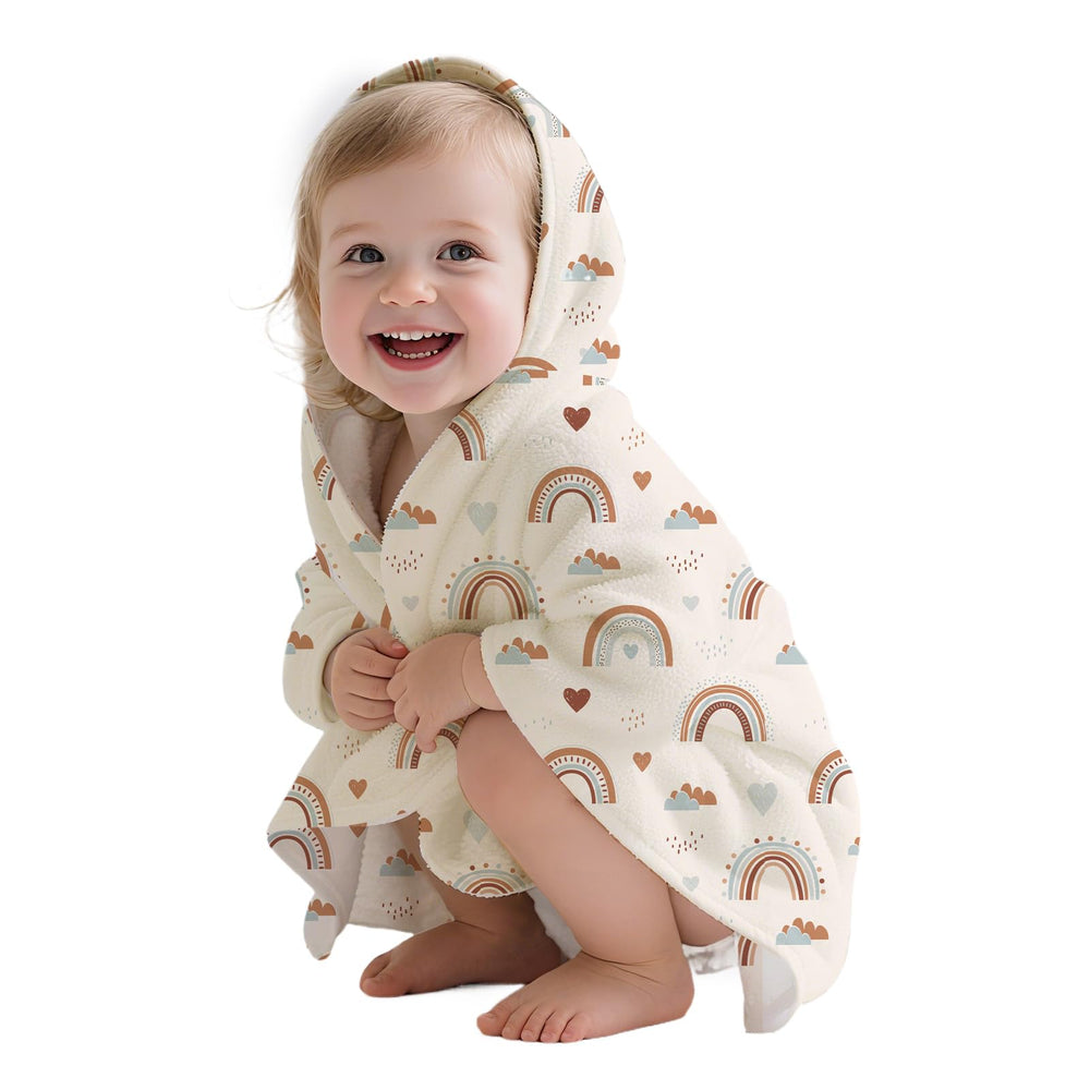 CoolaPeach toddler hooded towel rainbow worn for quick poolside dry-off.