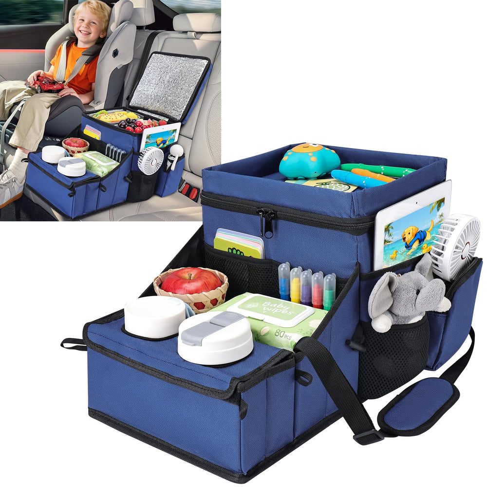 COOLBEBE car seat organizer front view in navy keeps snacks and devices within reach.