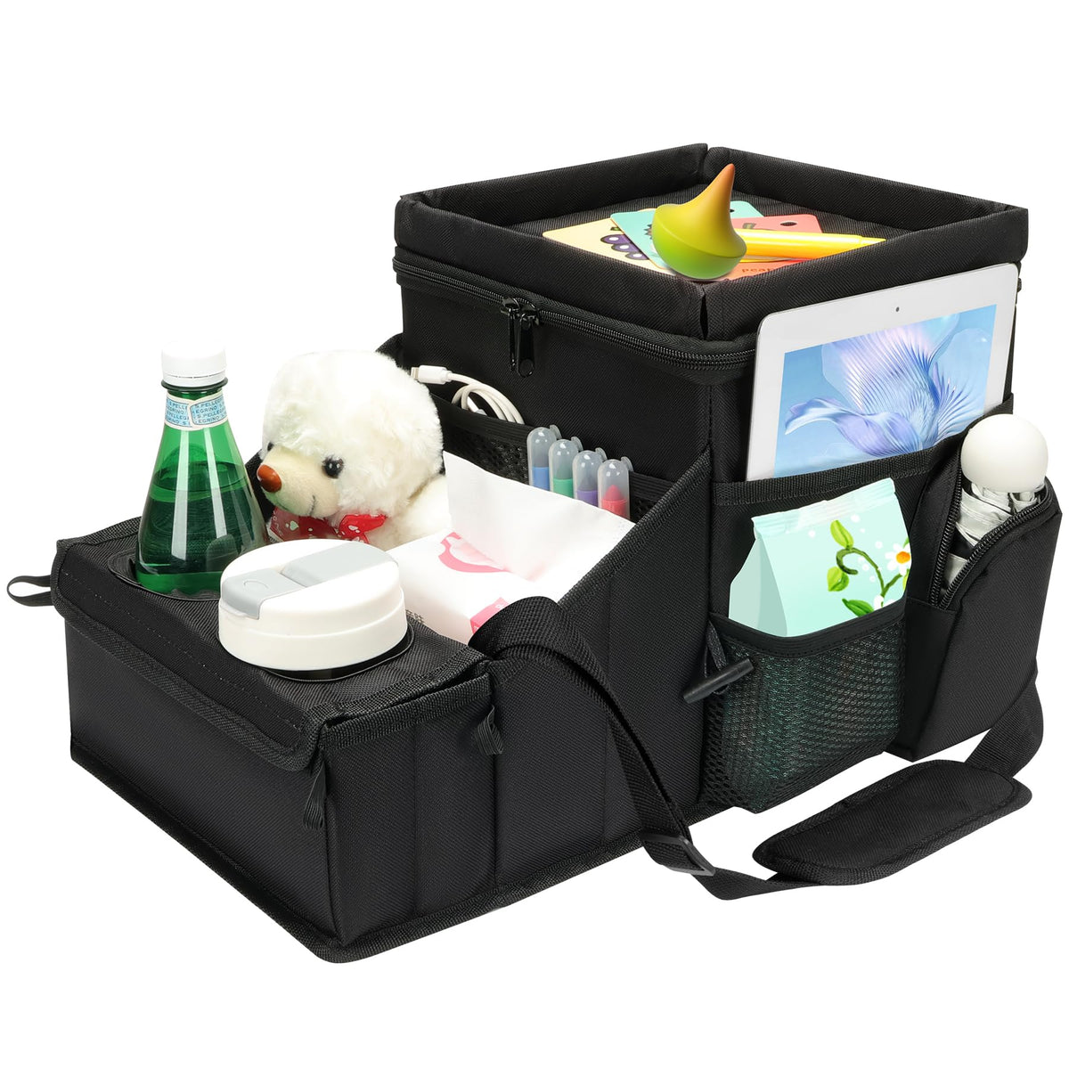 COOLBEBE Car Seat Organizer front view showing accessible storage and cup holders for rides