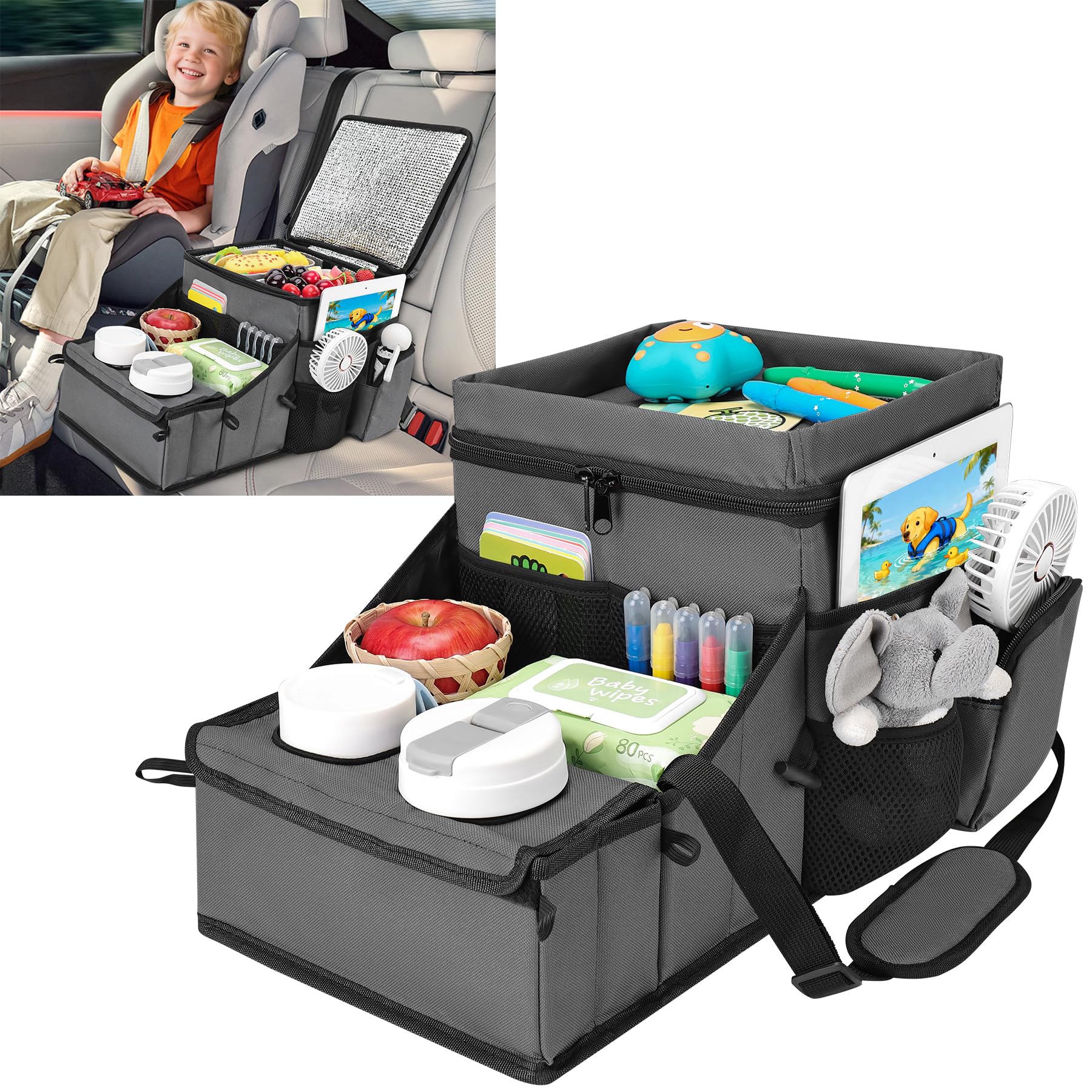 COOLBEBE car seat organizer front view shows spacious storage for snacks and devices
