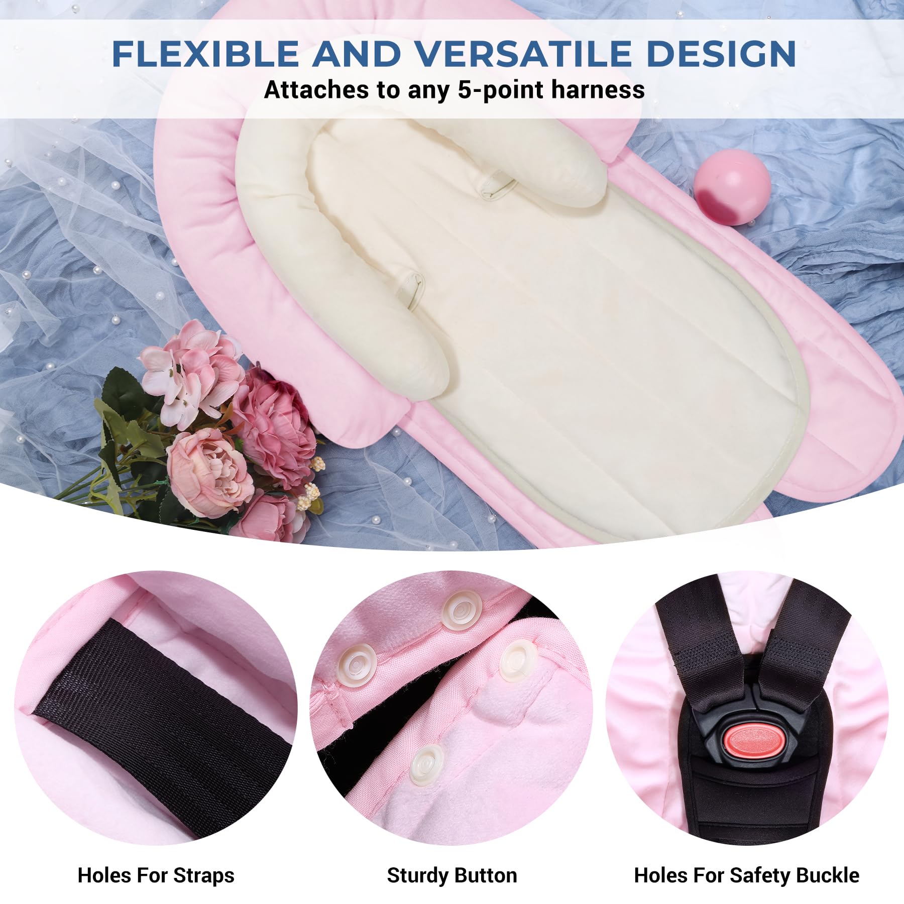 COOLBEBE car-seat-stroller insert in pink adds gentle padding on outings.