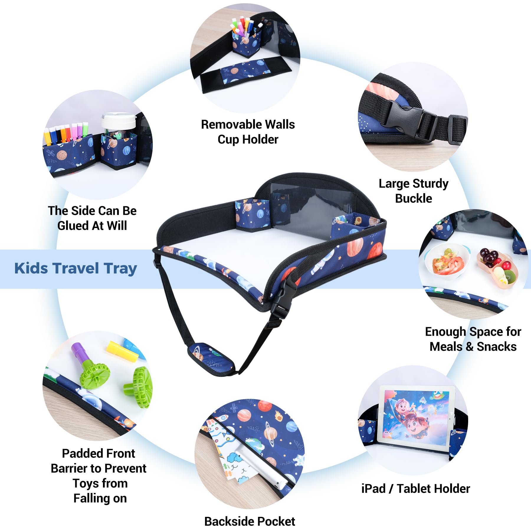 COOLBEBE car seat table tray setup shows adjustable straps and soft edges for safe travel.