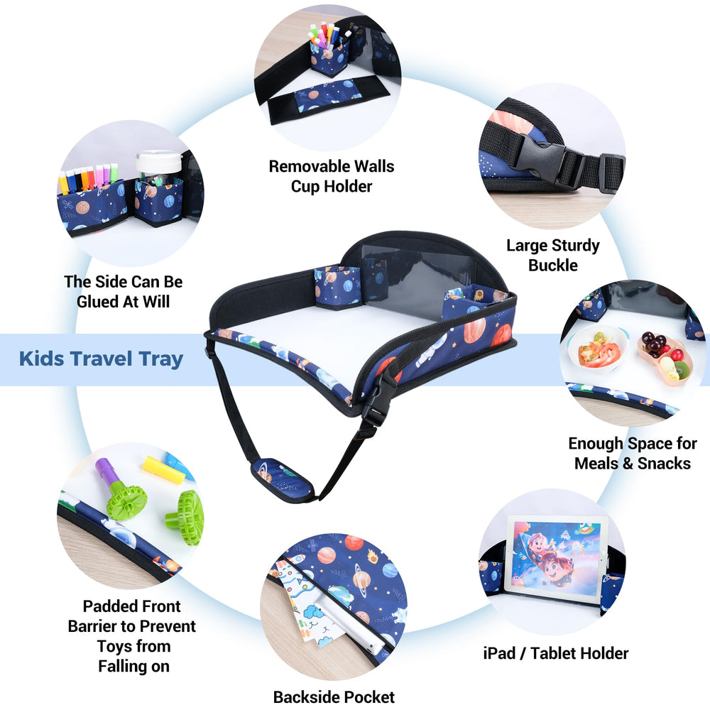 COOLBEBE car seat table tray setup shows adjustable straps and soft edges for safe travel.
