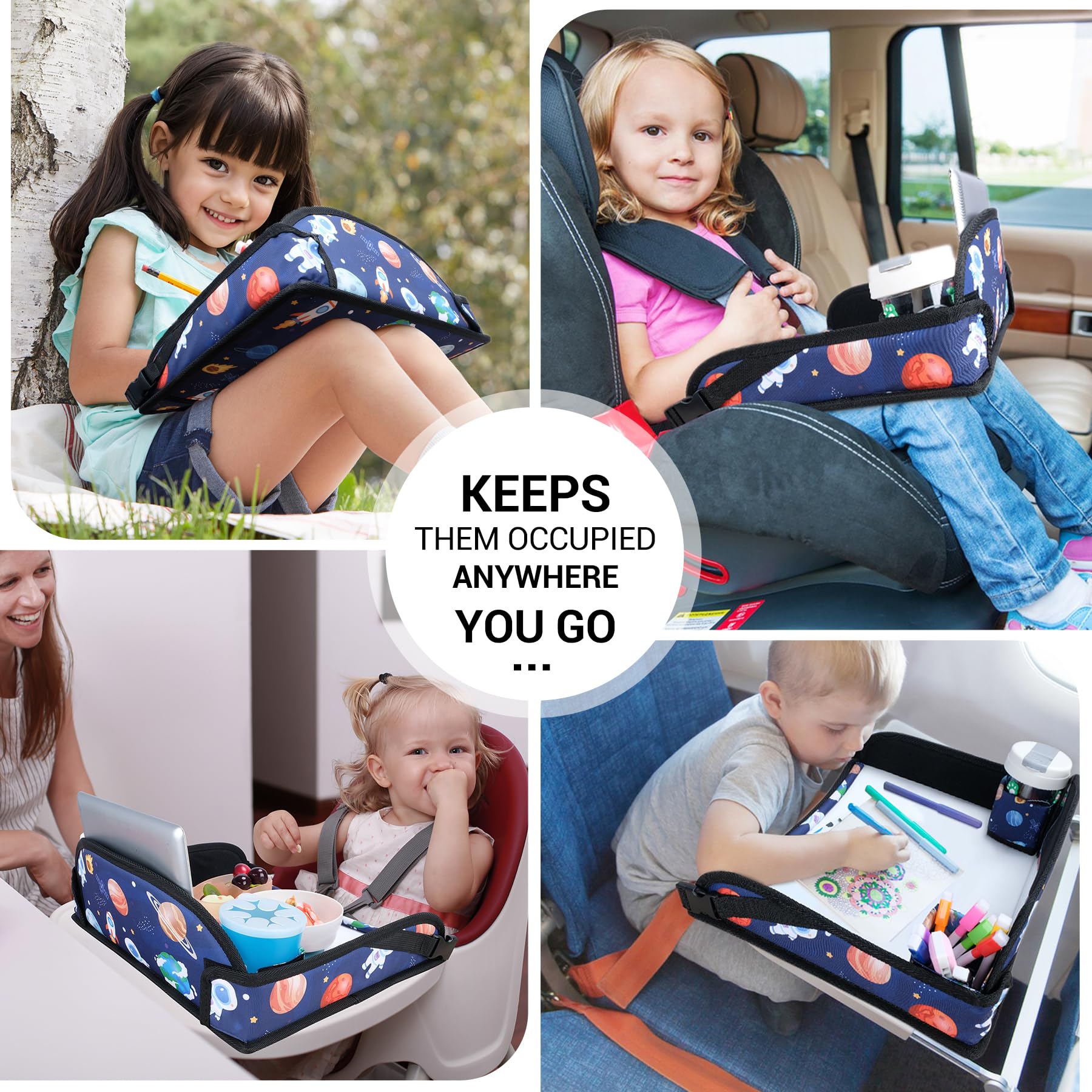 COOLBEBE travel tray on airplane keeps small items secure for in-flight entertainment.
