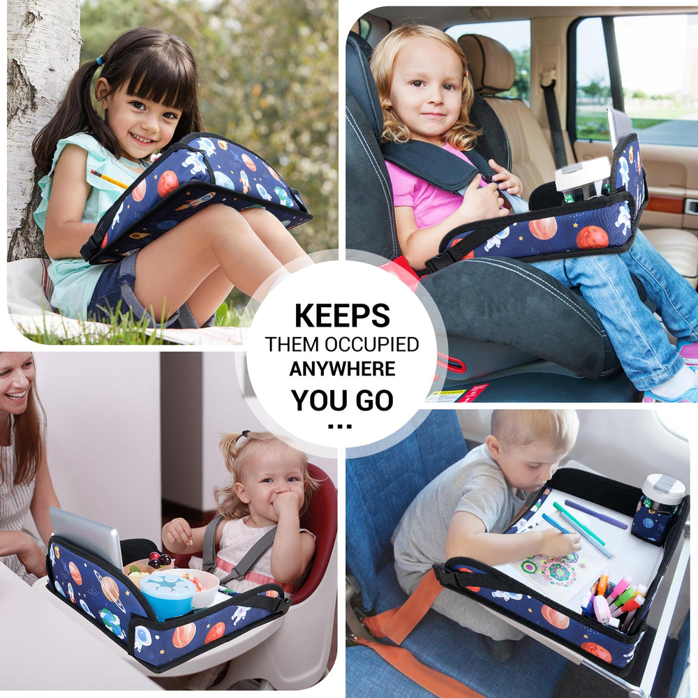 COOLBEBE travel tray on airplane keeps small items secure for in-flight entertainment.