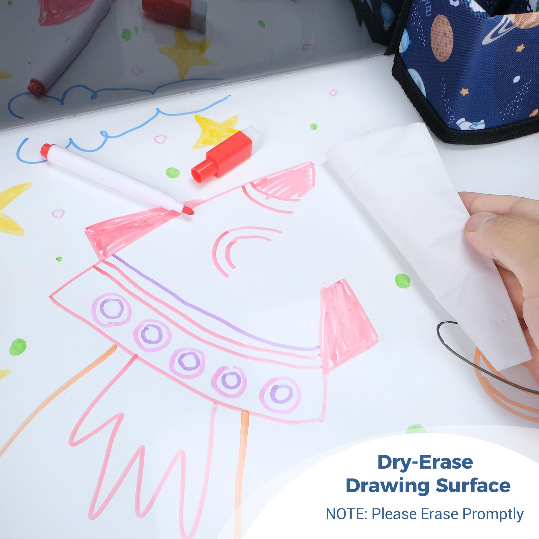 COOLBEBE travel tray with erasable markers for mess-free drawing on a smooth surface.