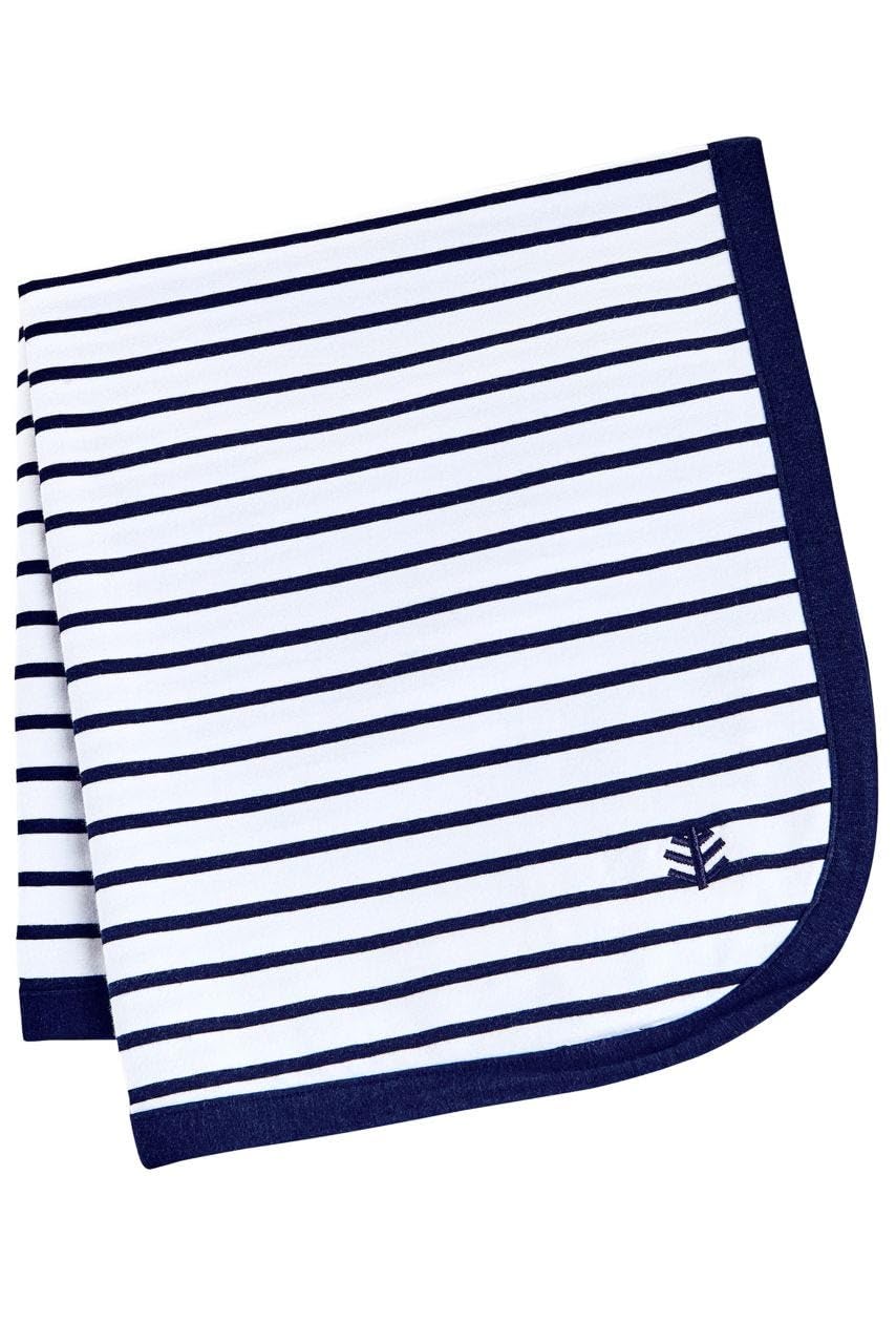 Coolibar Baby Sun Blanket Batibou in White/Navy Stripe provides UPF 50+ protection for outdoor outings.