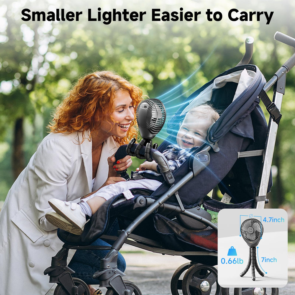 Coolice stroller fan shows 30-hour battery life for long outdoor use.