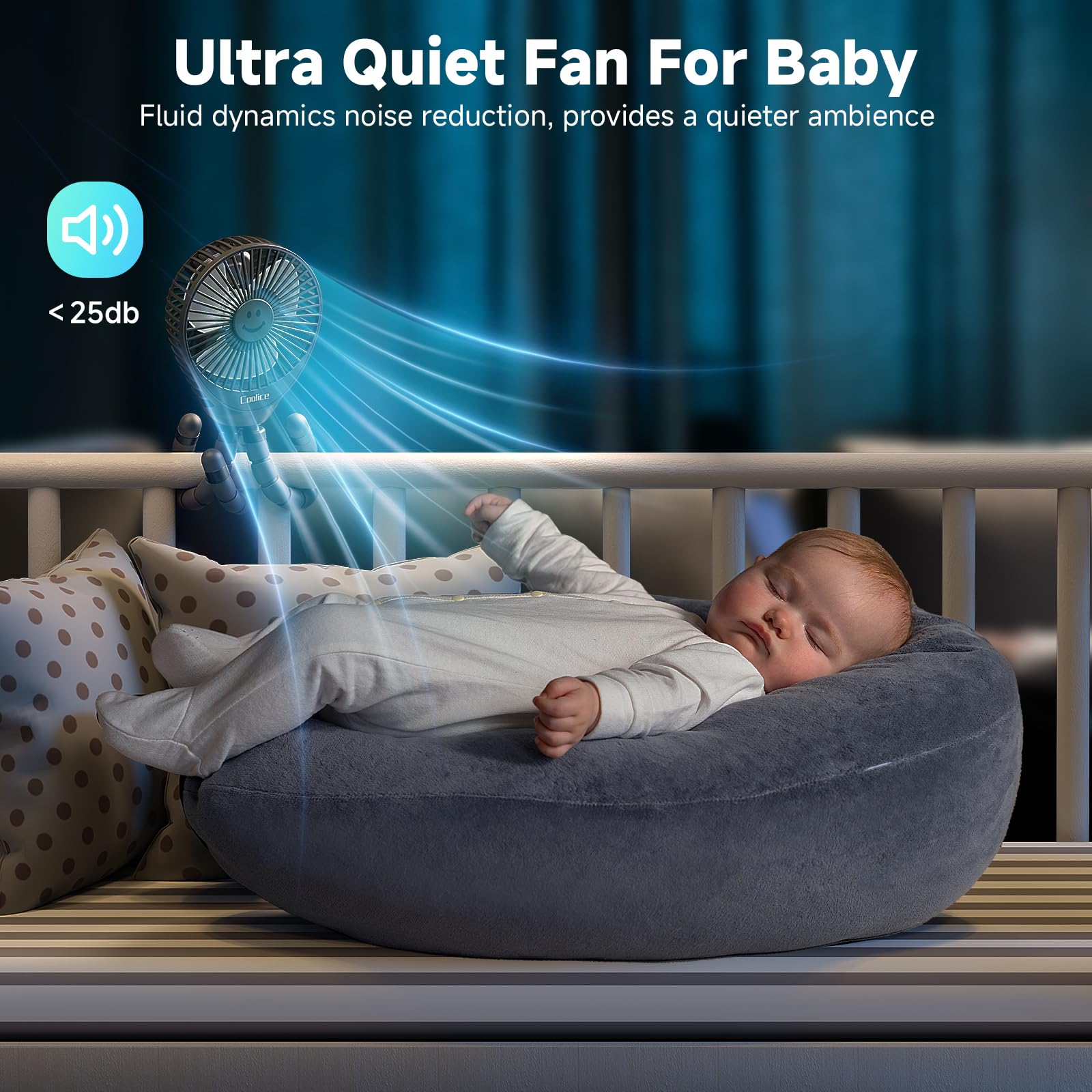 Coolice stroller fan featuring a 5.5mm safety grille to protect tiny fingers.