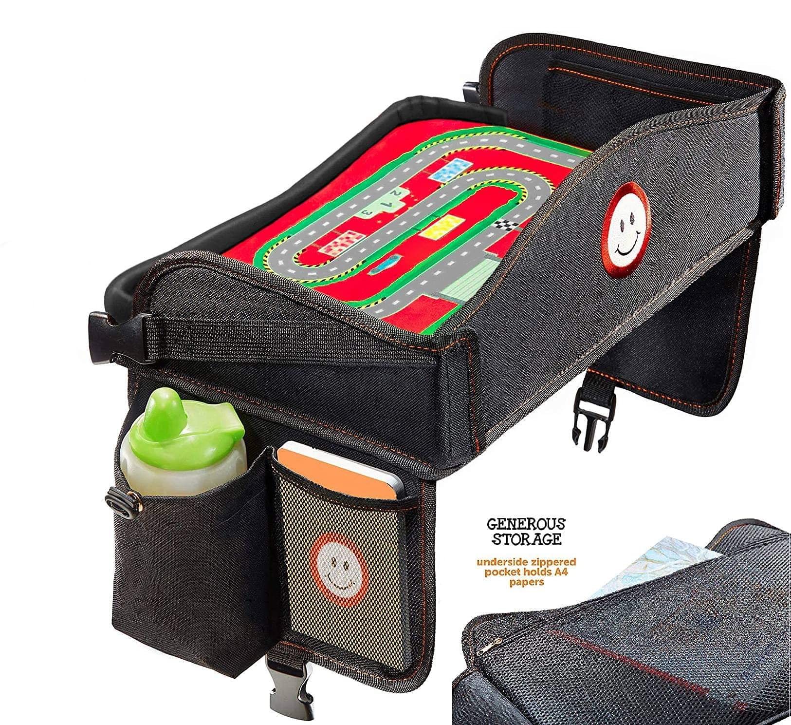 Coolmum Kids Travel Tray car-seat setup with large surface for meals and activities.