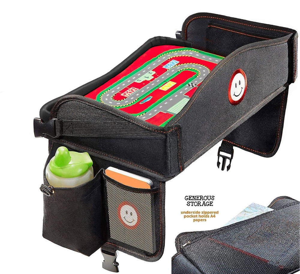Coolmum Kids Travel Tray car-seat setup with large surface for meals and activities.