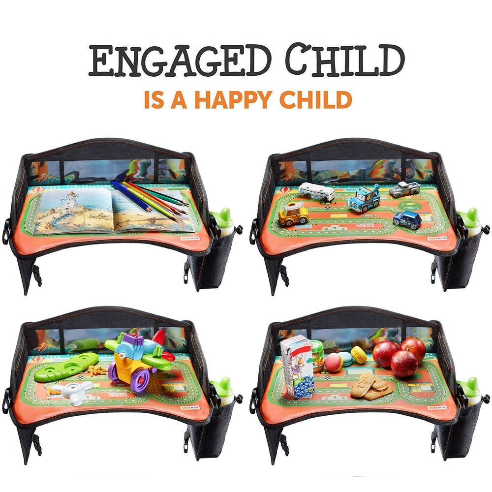 Coolmum Kids Travel Tray pocket closeup shows see-through phone pocket for quick viewing.