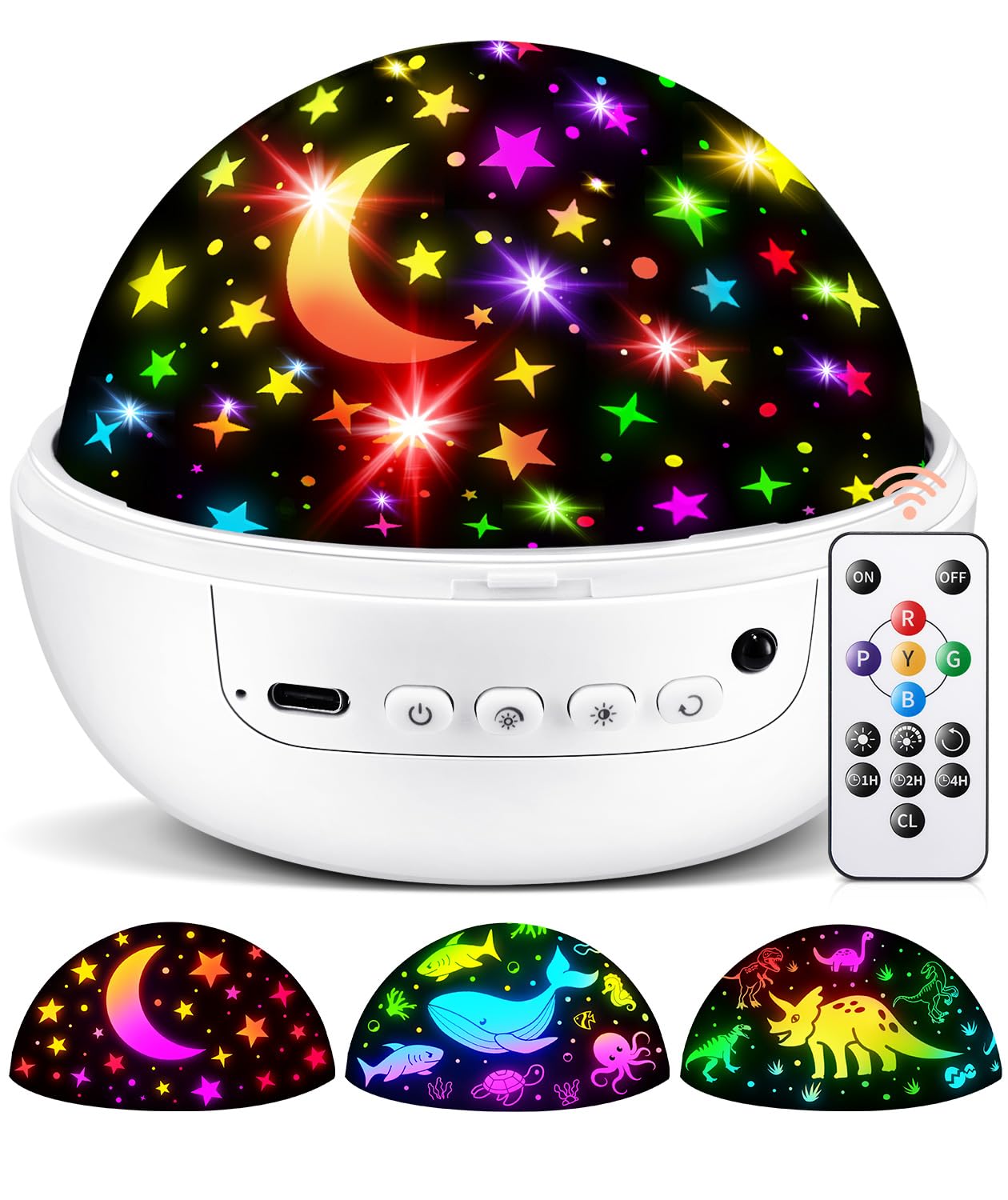 COOLNIGHT projector on ceiling showing stars and moon for gentle bedtime ambience