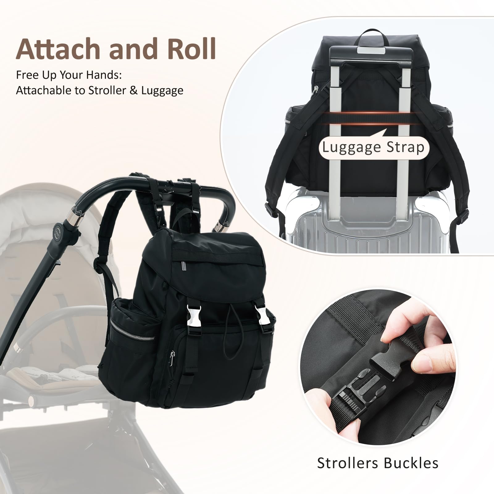 COOLREX Diaper Bag Backpack built-in stroller straps enable hands-free walking.