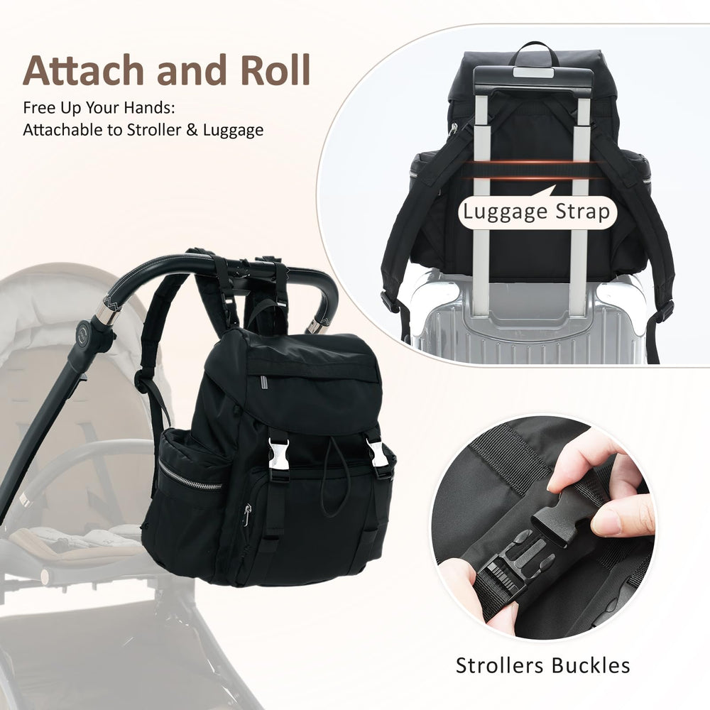COOLREX Diaper Bag Backpack built-in stroller straps enable hands-free walking.