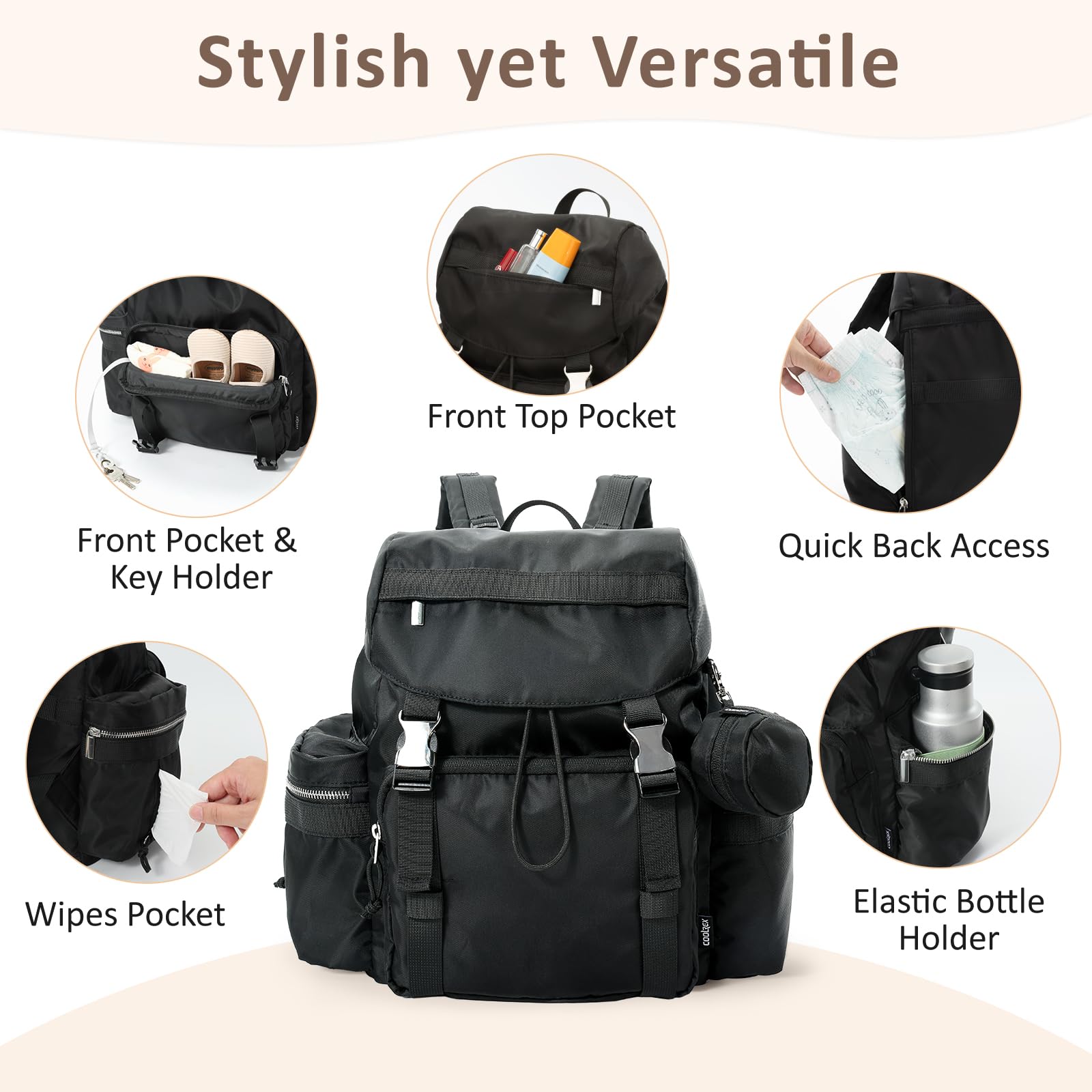 COOLREX Diaper Bag Backpack wet/dry pocket keeps soiled items separate from clean gear.