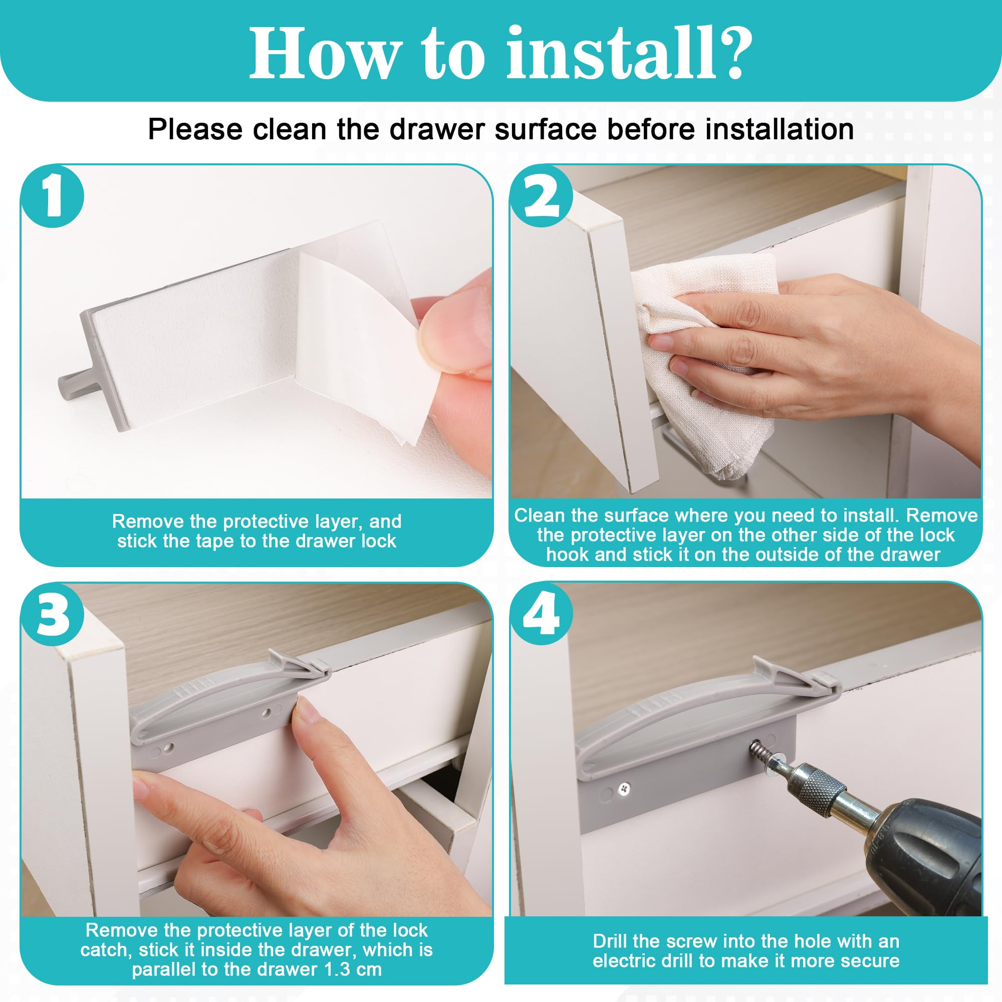 Coolrunner thickened drawer lock hidden view illustrates an invisible fit on drawers.