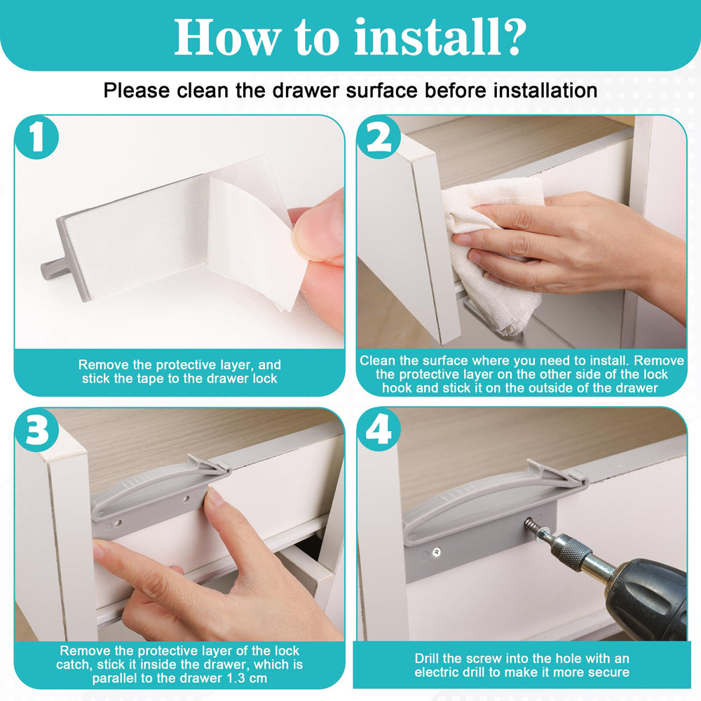 Coolrunner thickened drawer lock hidden view illustrates an invisible fit on drawers.