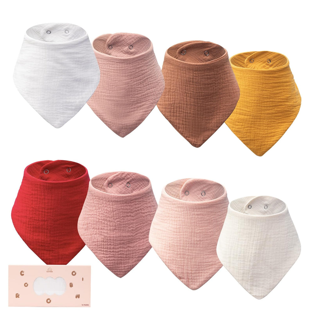 COOROBIN baby bibs flatlay showing eight neutral muslin bibs for easy styling