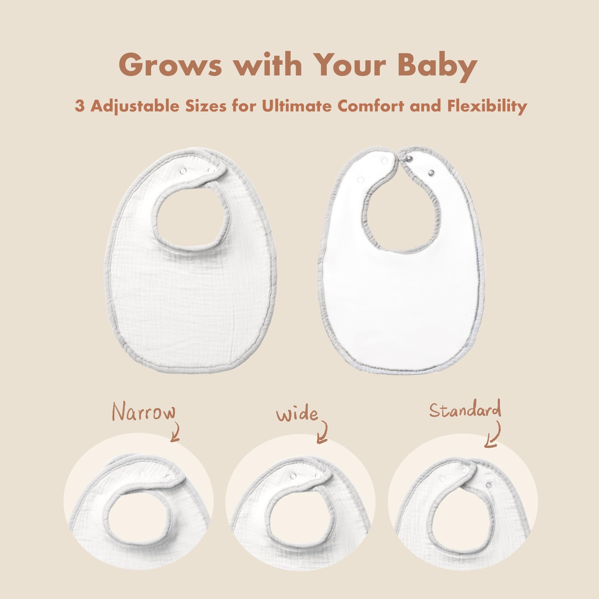 COOROBIN bibs adjustable-snaps closeup demonstrates newborn-to-toddler fit with gentle closures.