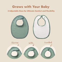 COOROBIN muslin baby bib adjustable-snaps close-up, grows with your newborn to 24 months.