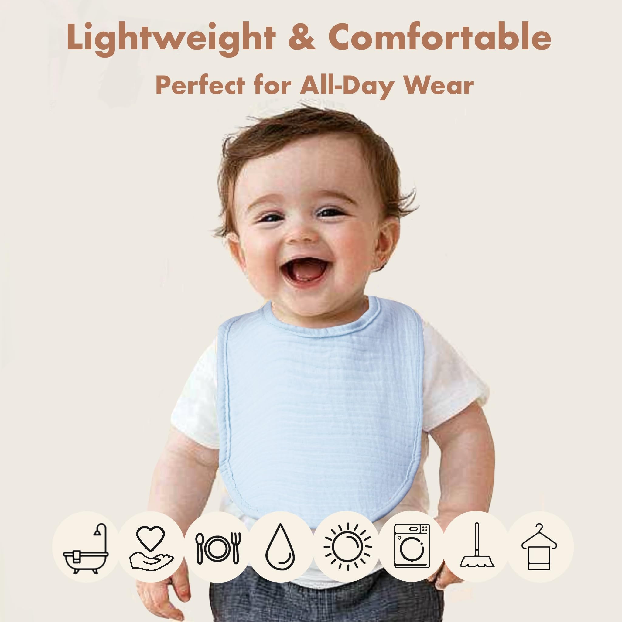 COOROBIN muslin baby bib pack back view, coordinating neutrals for easy styling.