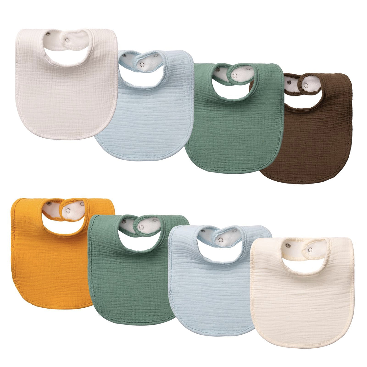 COOROBIN muslin baby bib pack front view, eight neutral colors for versatile outfits.